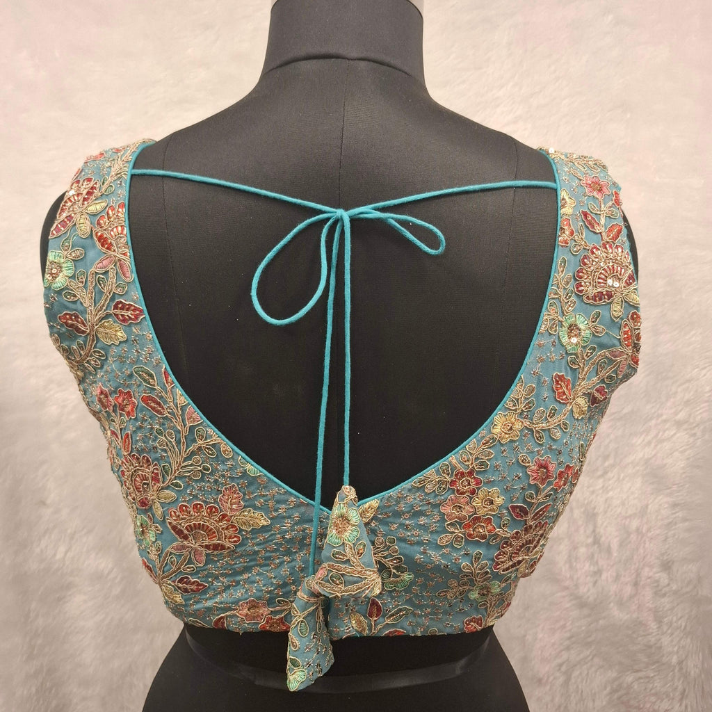 Kia Fashions Aqua Blue Georgette Multi Color Emb & Sqn Readymade Blouse