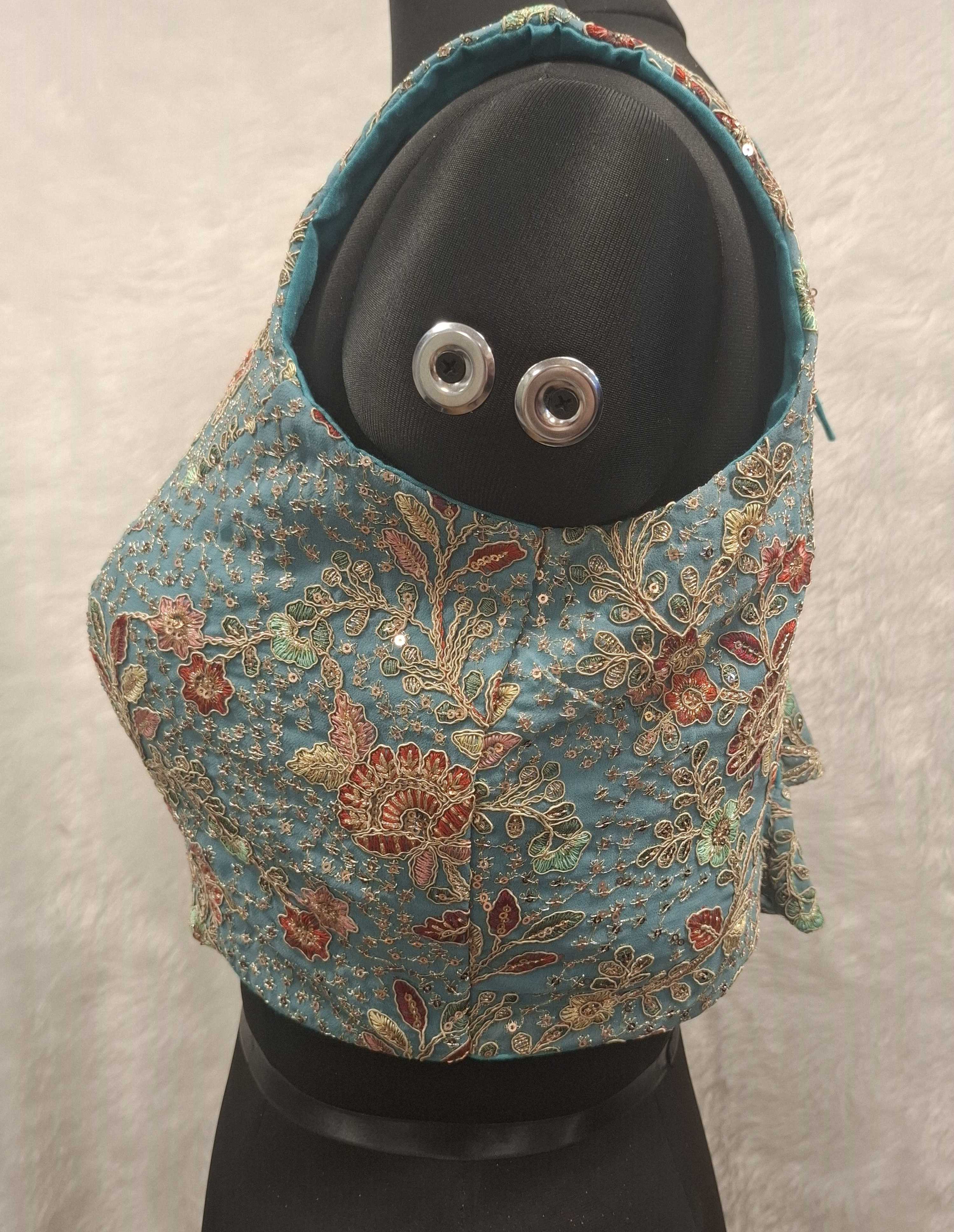 Kia Fashions Aqua Blue Georgette Multi Color Emb & Sqn Readymade Blouse