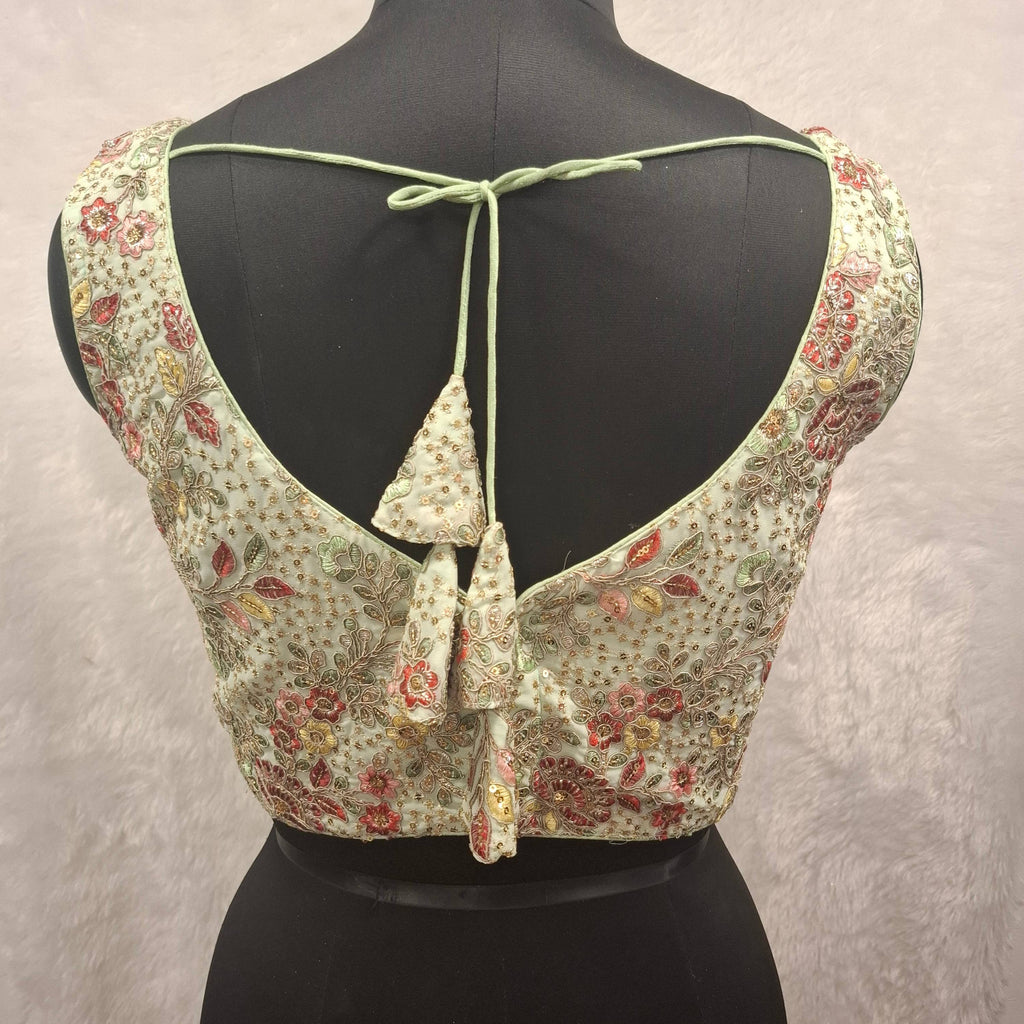 Kia Fashions Pistachio Green Georgette Multi Color Emb & Sqn Readymade Blouse - Distacart