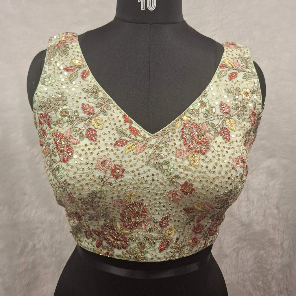 Kia Fashions Pistachio Green Georgette Multi Color Emb & Sqn Readymade Blouse - Distacart