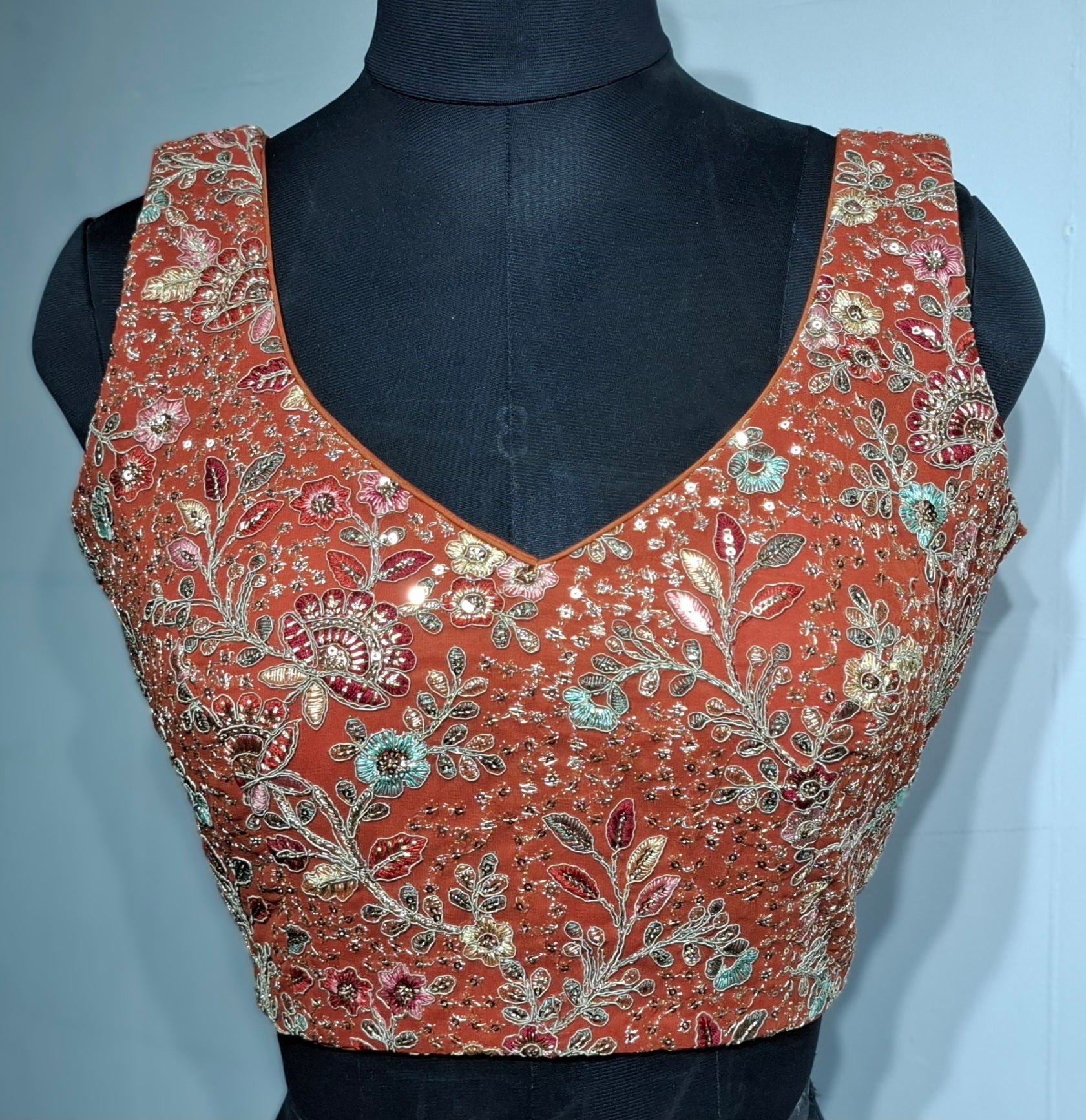 Kia Fashions Rust Georgette Multi Color Emb & Sqn Readymade Blouse - Distacart