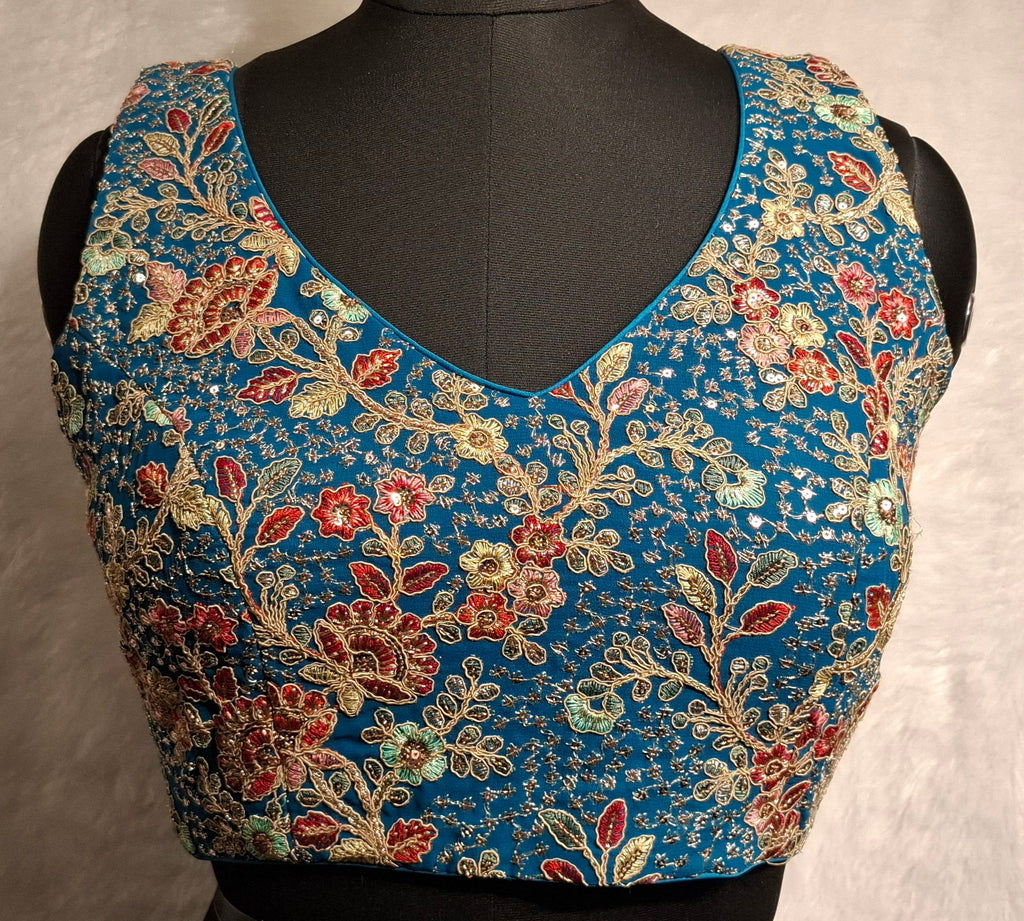 Kia Fashions Turquoise Blue Georgette Multi Color Emb & Sqn Readymade Blouse - Distacart
