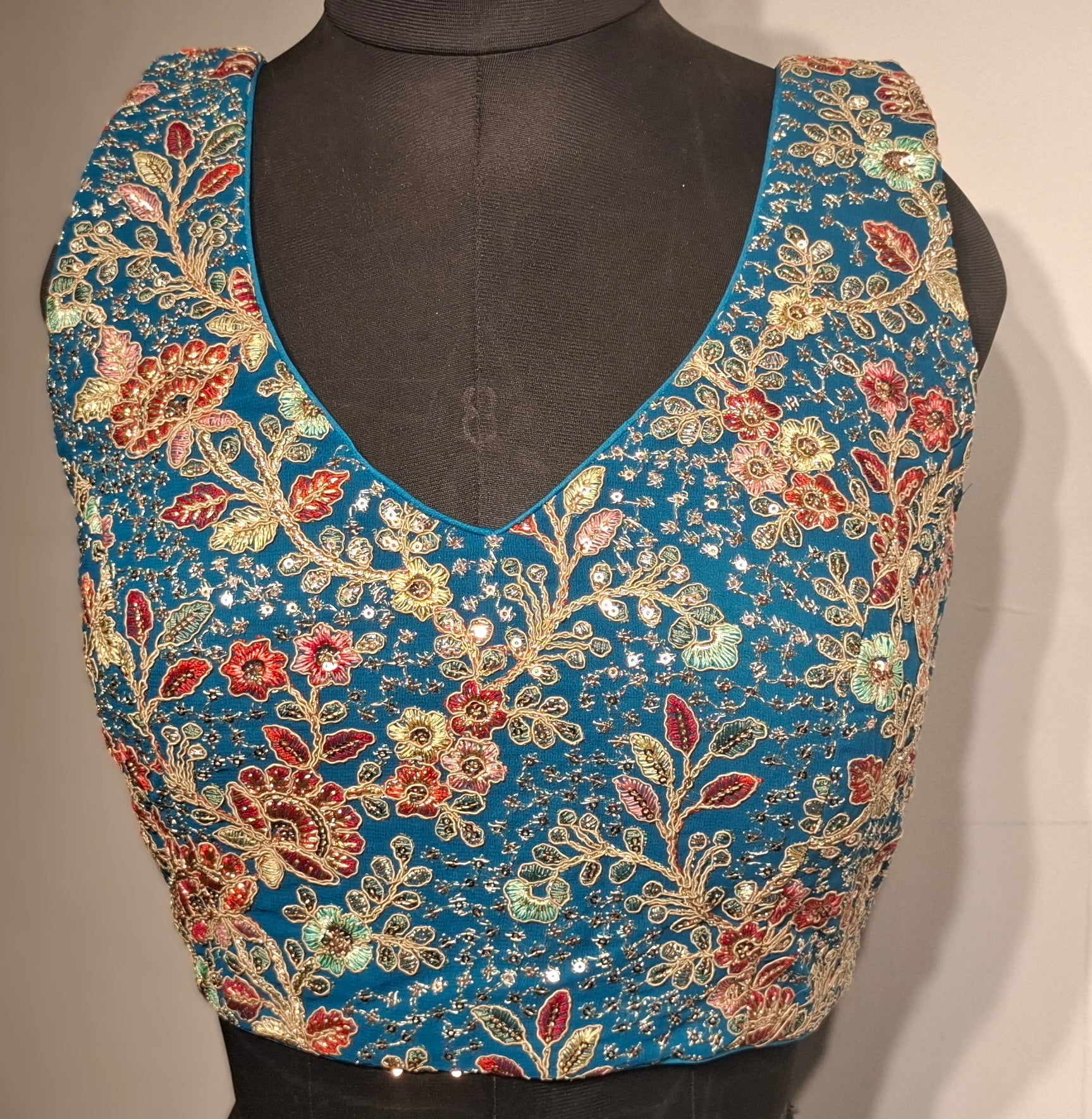 Kia Fashions Turquoise Blue Georgette Multi Color Emb & Sqn Readymade Blouse - Distacart