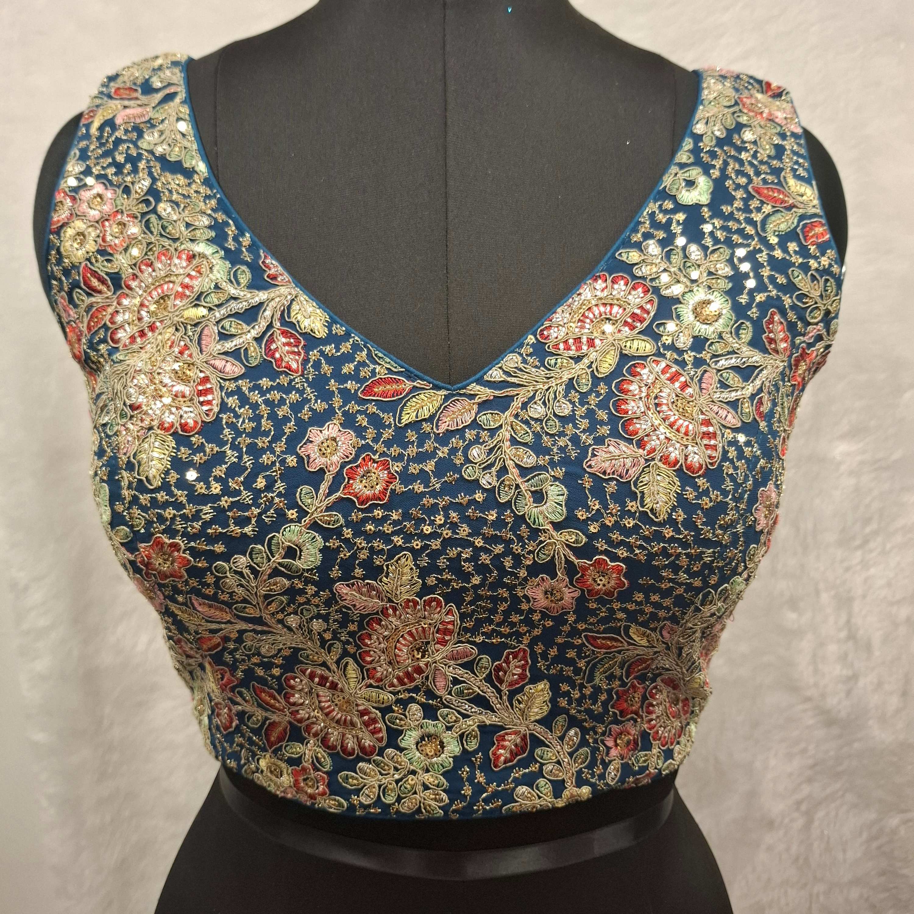 Kia Fashions Teal Blue Georgette Multi Color Emb & Sqn Readymade Blouse - Distacart