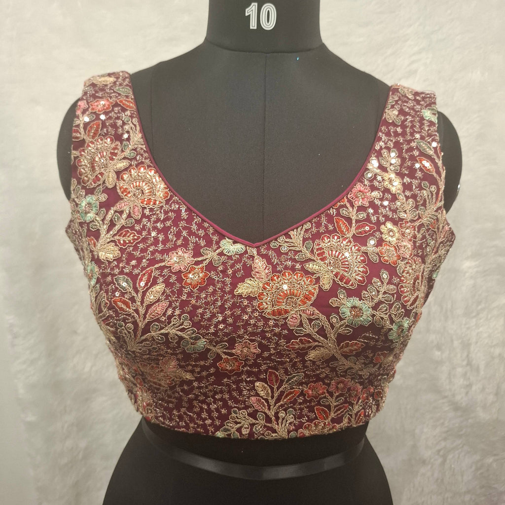 Kia Fashions Wine Georgette Multi Color Emb & Sqn Readymade Blouse - Distacart