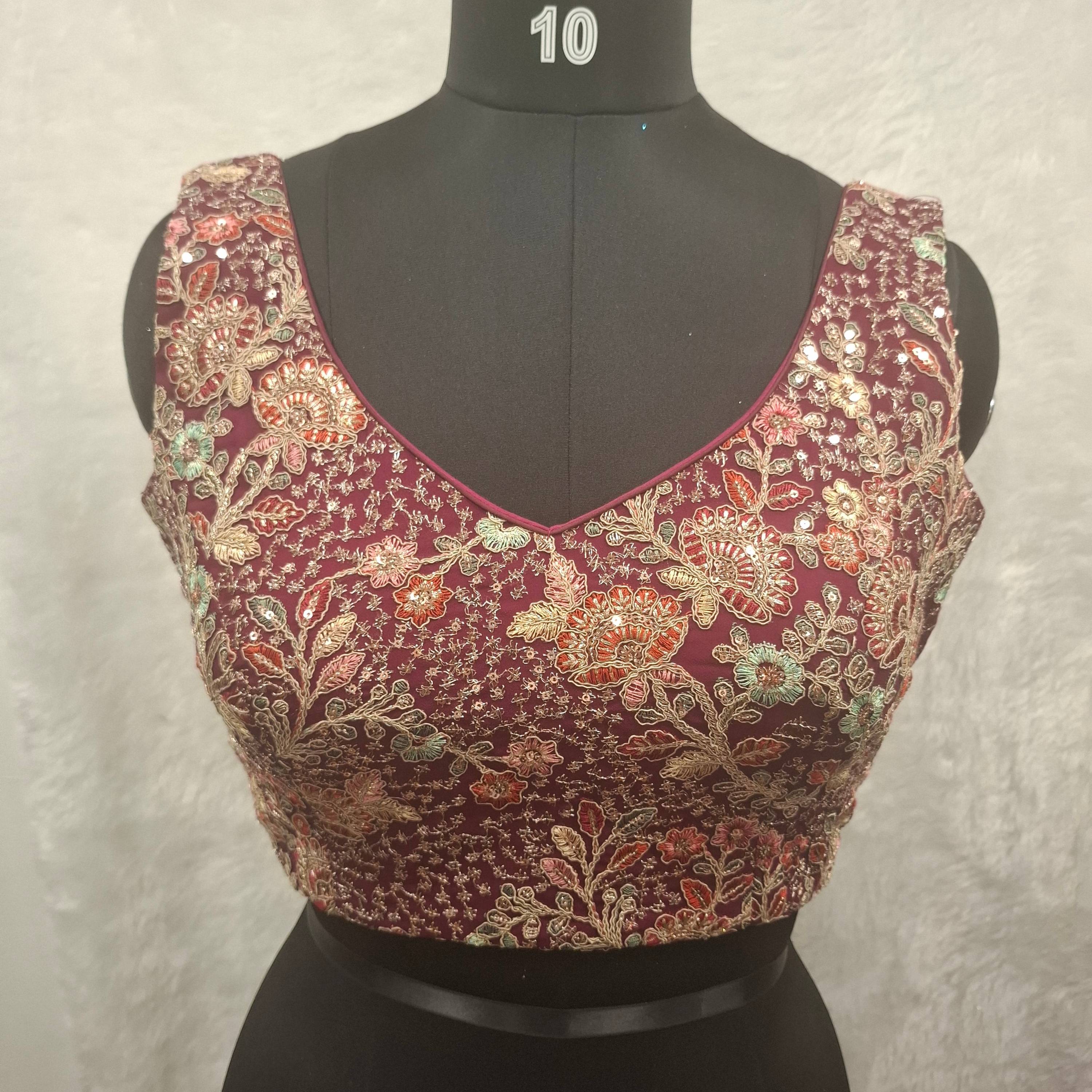 Kia Fashions Wine Georgette Multi Color Emb & Sqn Readymade Blouse - Distacart