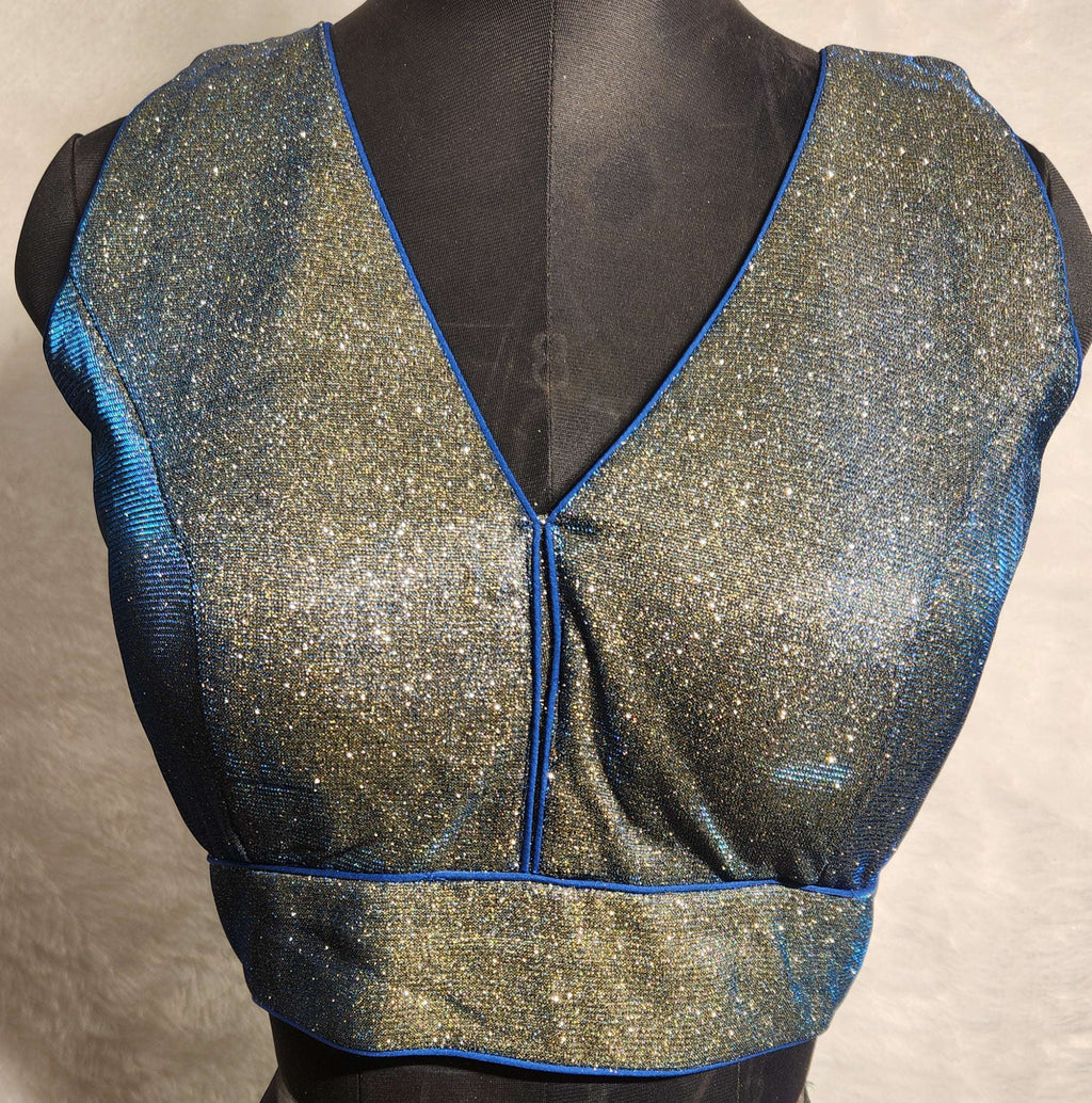 Kia Fashions Blue Golden Dual Tone Glitter Fabric Readymade Blouse - Distacart