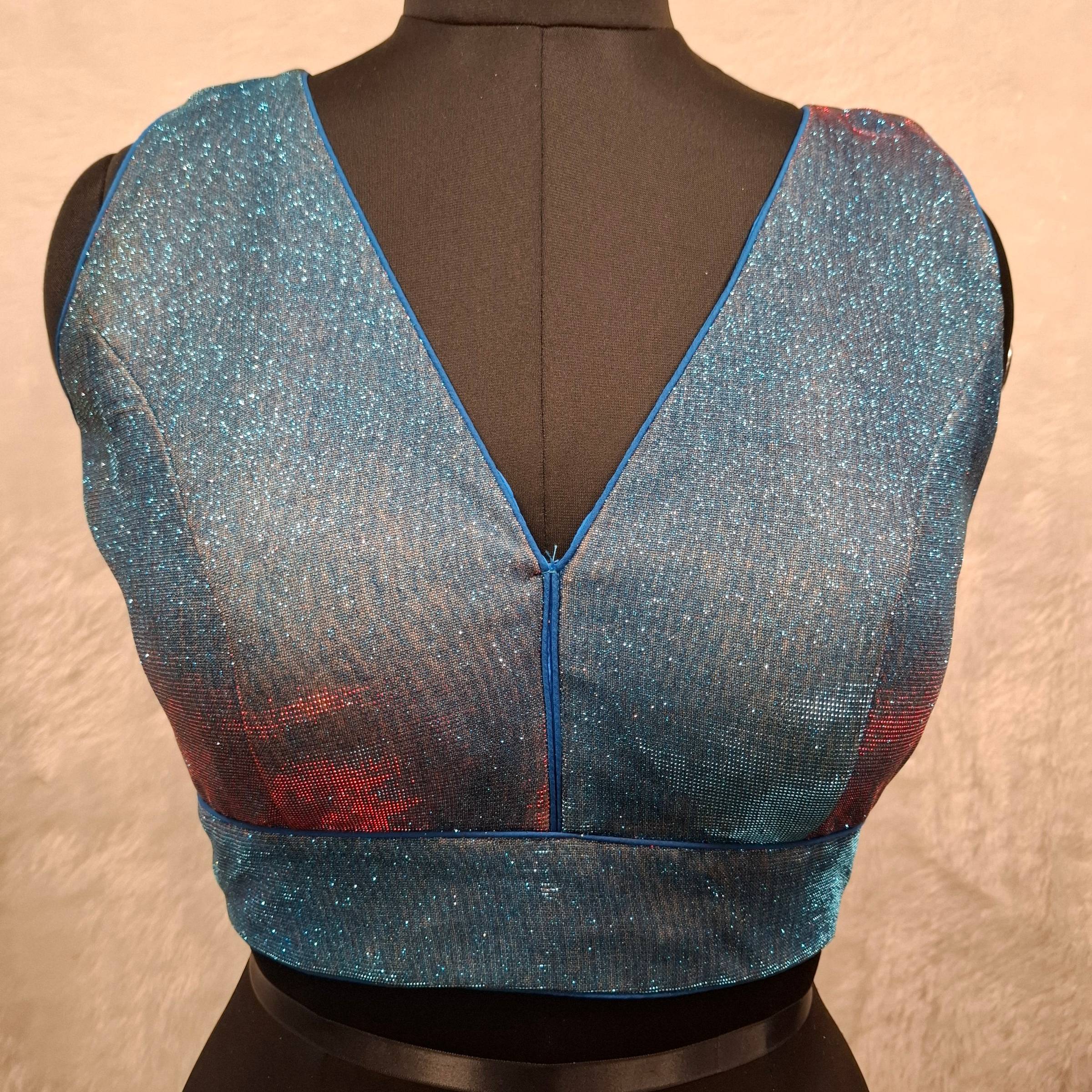 Kia Fashions Blue Red Dual Tone Glitter Fabric Readymade Blouse - Distacart