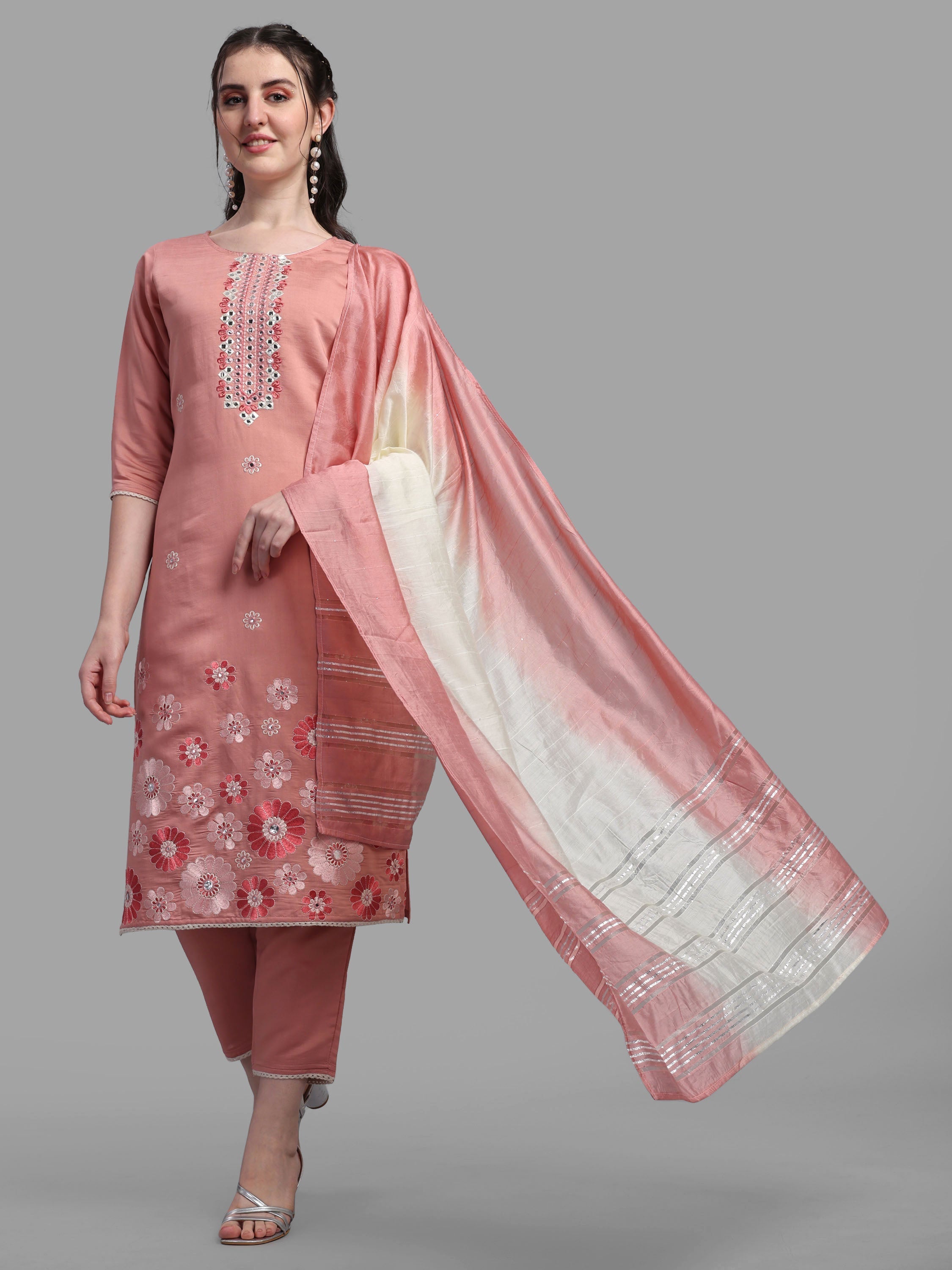 Embroidered Kurta With Pant & Dupatta Set, Multicolor - Hiral Fashion - Distacart