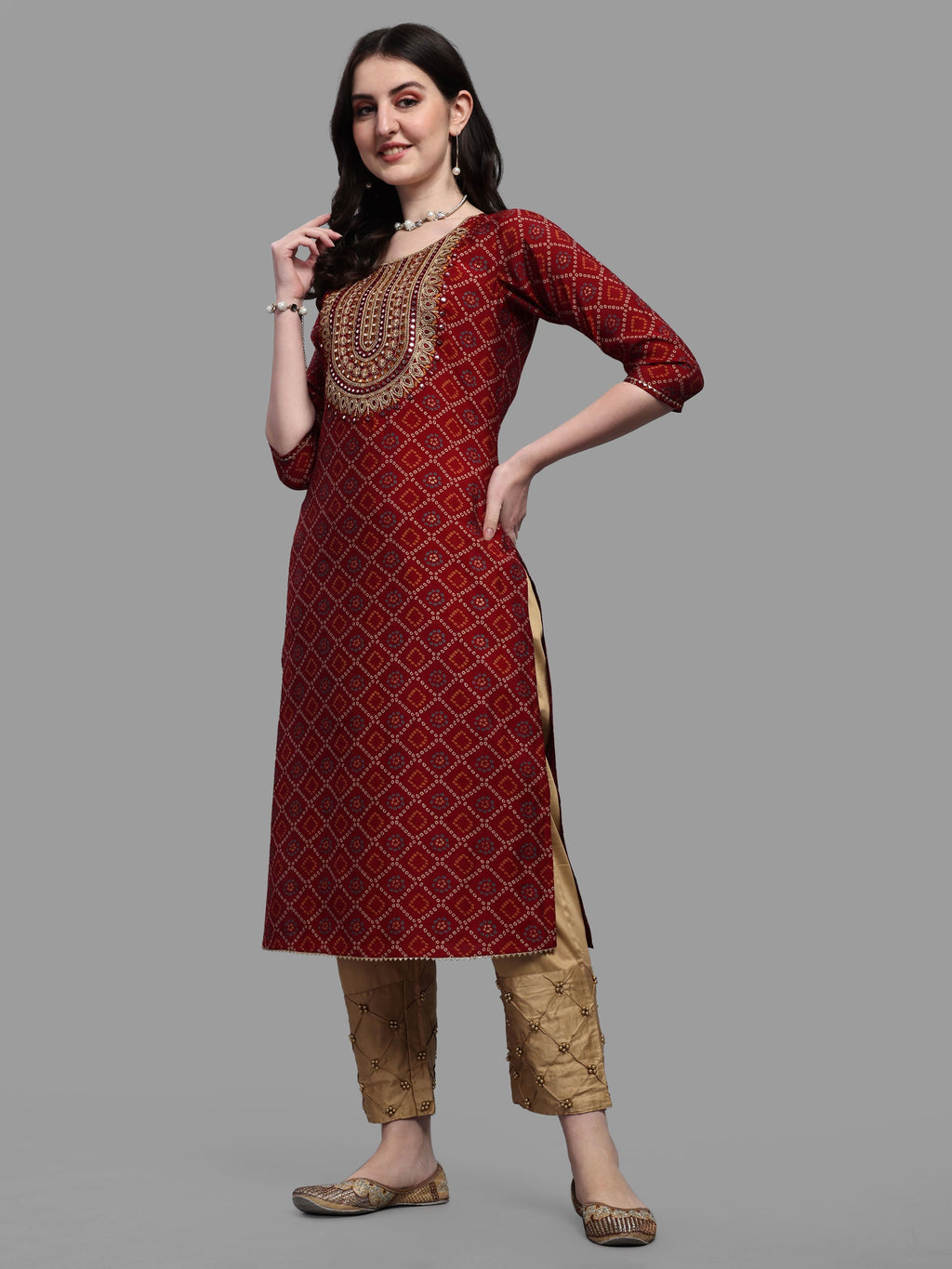 Embroidered Bandhani Printed Kurta With Pant & Dupatta Set, Multicolor - Hiral Fashion - Distacart