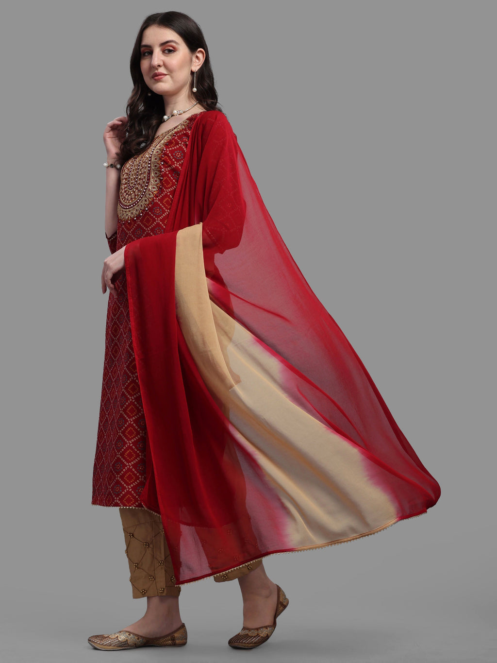 Embroidered Bandhani Printed Kurta With Pant & Dupatta Set, Multicolor - Hiral Fashion - Distacart