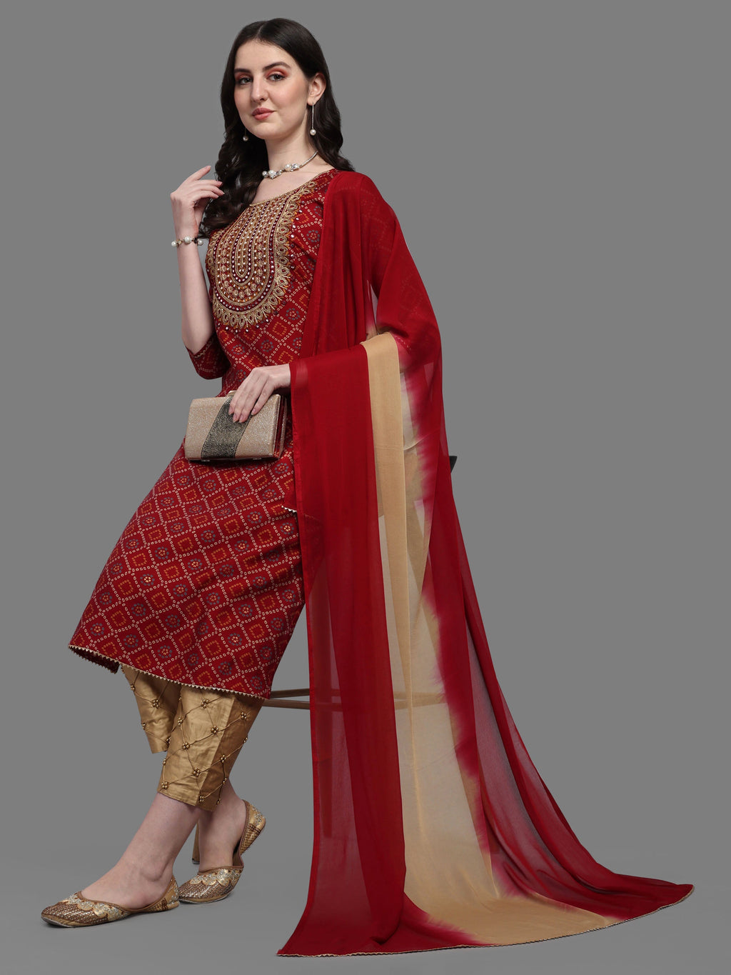 Embroidered Bandhani Printed Kurta With Pant & Dupatta Set, Multicolor - Hiral Fashion - Distacart