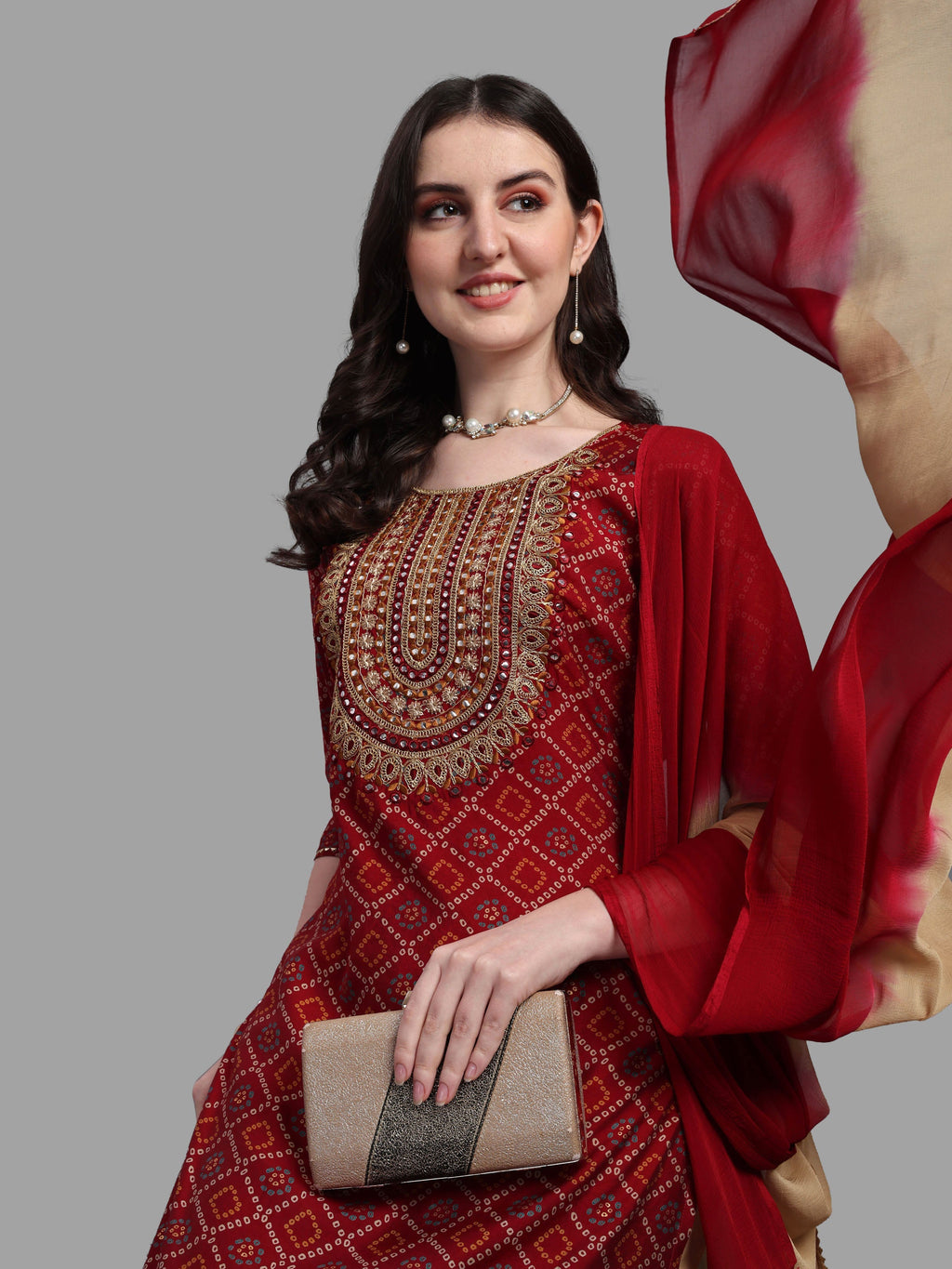 Embroidered Bandhani Printed Kurta With Pant & Dupatta Set, Multicolor - Hiral Fashion - Distacart