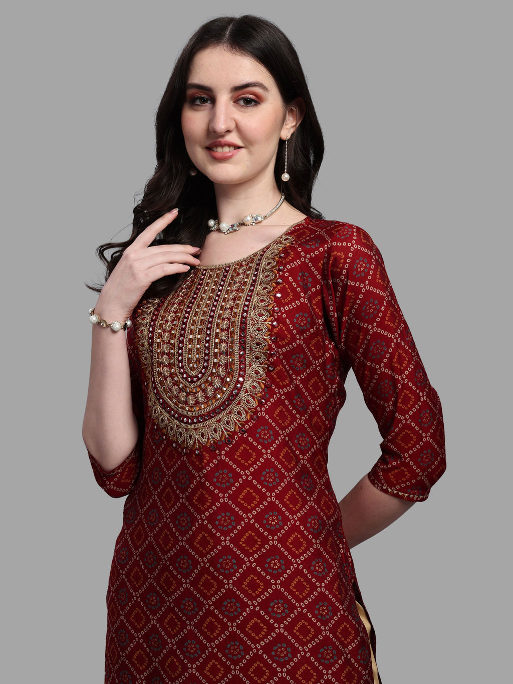 Embroidered Bandhani Printed Kurta With Pant & Dupatta Set, Multicolor - Hiral Fashion - Distacart