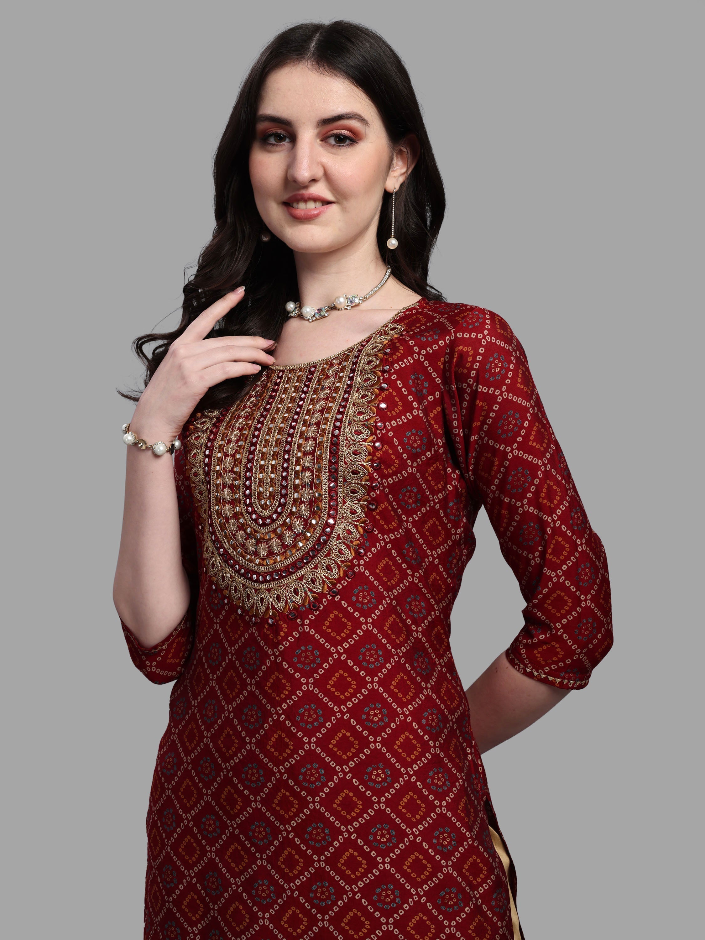 Embroidered Bandhani Printed Kurta With Pant & Dupatta Set, Multicolor - Hiral Fashion - Distacart