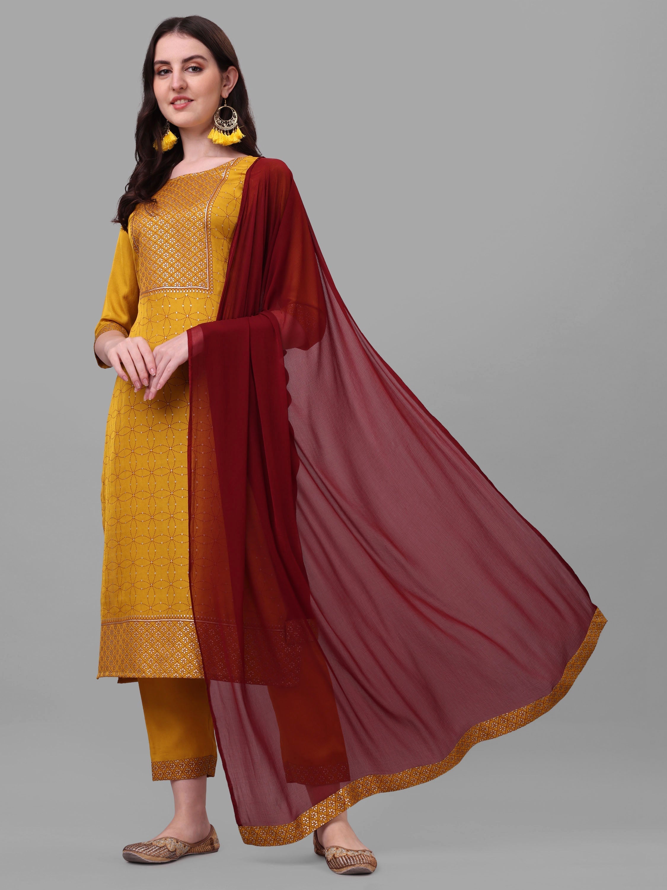 Embroidered Printed Kurta With Pant And Dupatta Set, Multicolor - Hiral Fashion - Distacart