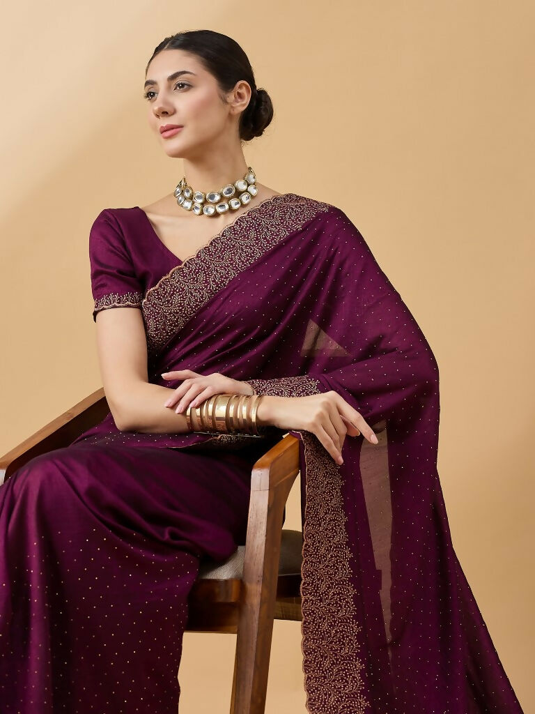 Purple Silk Blend Embroidered Saree with Unstitched Blouse - Vairagi