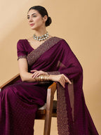 Purple Silk Blend Embroidered Saree with Unstitched Blouse - Vairagi