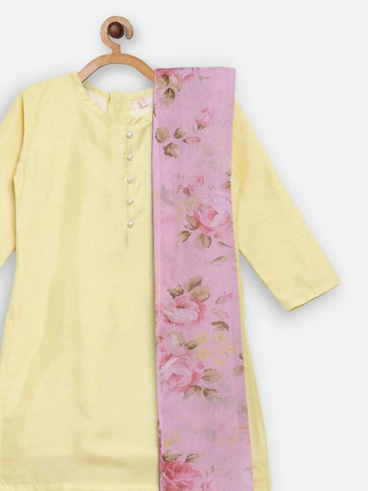 Ahalyaa Yellow Poly Silk Kids Kurta Pant With Dupatta For Girls