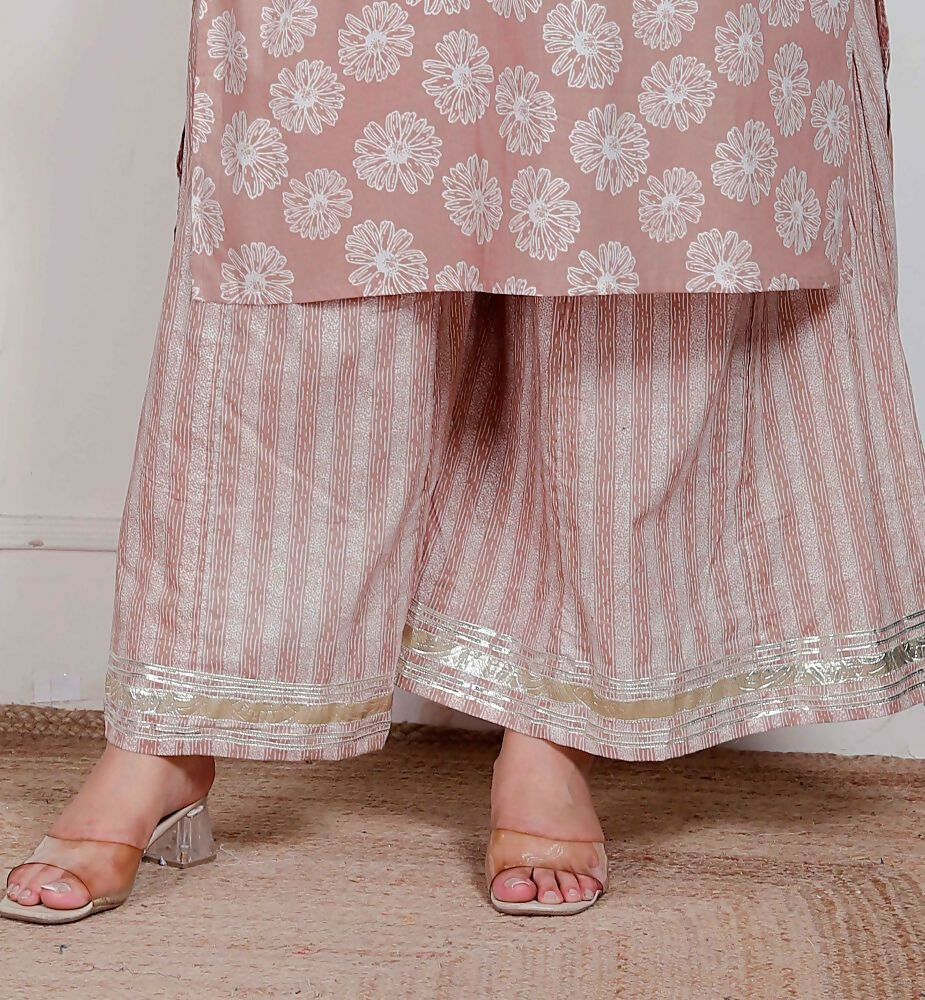 Miravan Plus Size Women Brown Floral Printed Cotton Straight Ethnic Kurta With Palazzo And Dupatta - Distacart