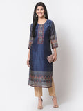 Myshka Navy Blue Printed Chanderi Silk 3/4 Sleeve Round Neck Casual Kurta