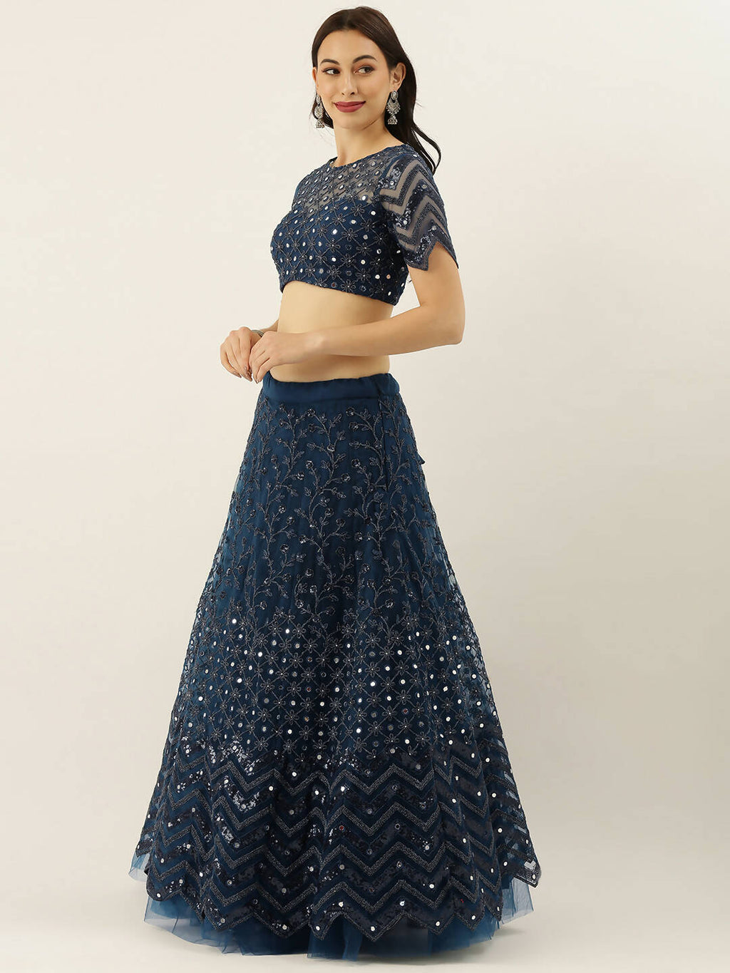 House of Panchhi Navy Blue Net Semi Stitched Coding, Sequins and Mirror work Lehenga Choli