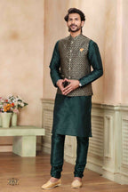 Raivat Ethnic Jacquard Banarasi Silk Woven Work 3 Pics Jacket Set In Green Colour - Distacart