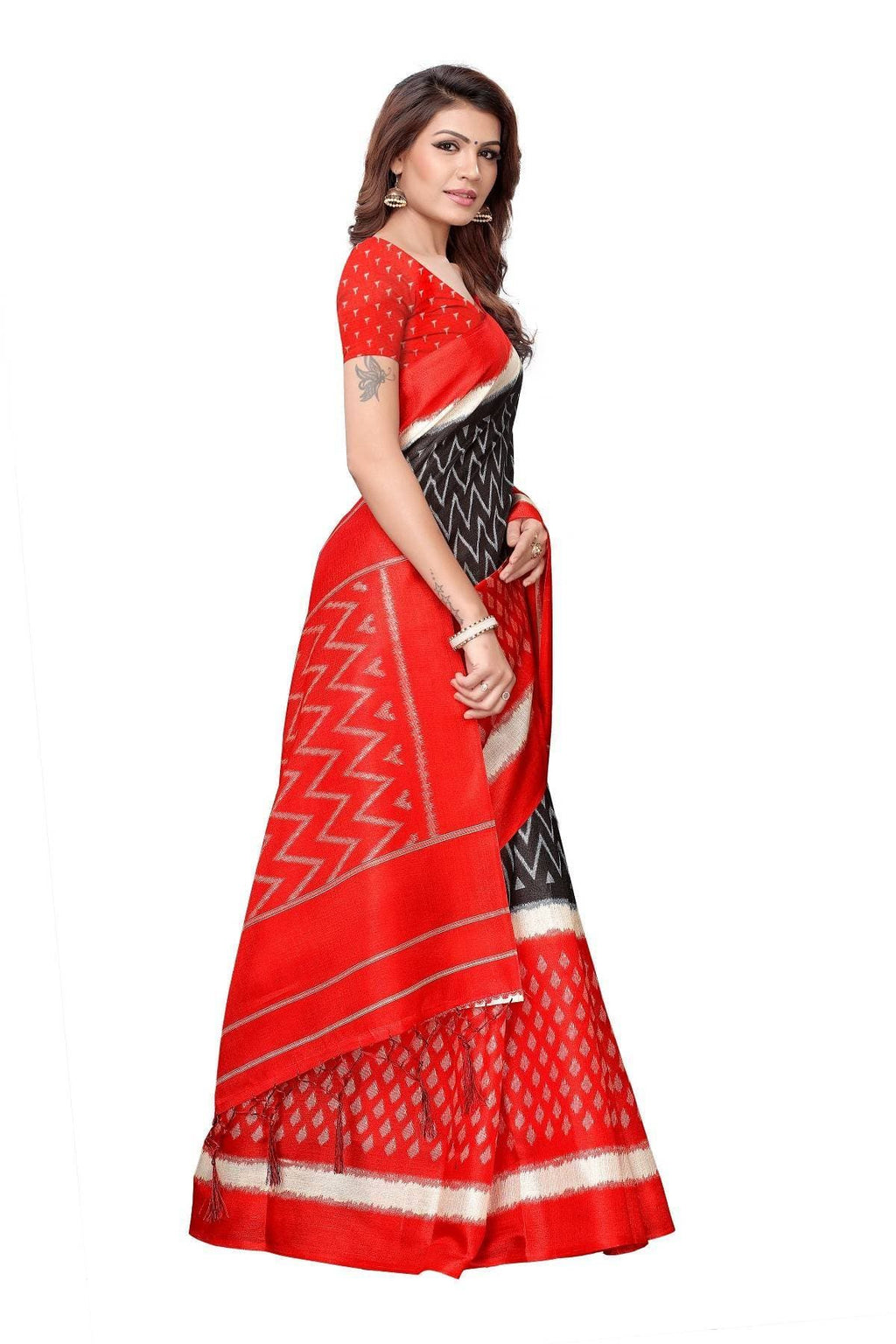 Vamika Red Kalamkari With Jhalar Khadi Silk Saree Snap Red