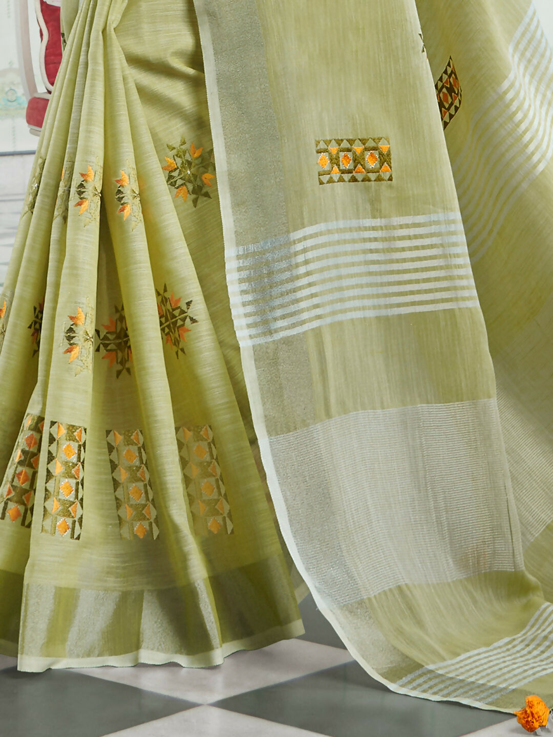 Shree Shyam Fashion Linen Pista Green Saree - Distacart