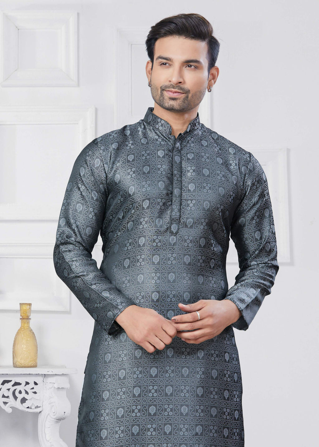 Joban Fashion Men's Jacquard Silk Grey Printed Kurta Pyjama set