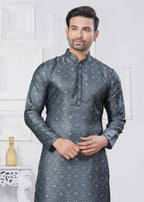 Joban Fashion Men's Jacquard Silk Grey Printed Kurta Pyjama set