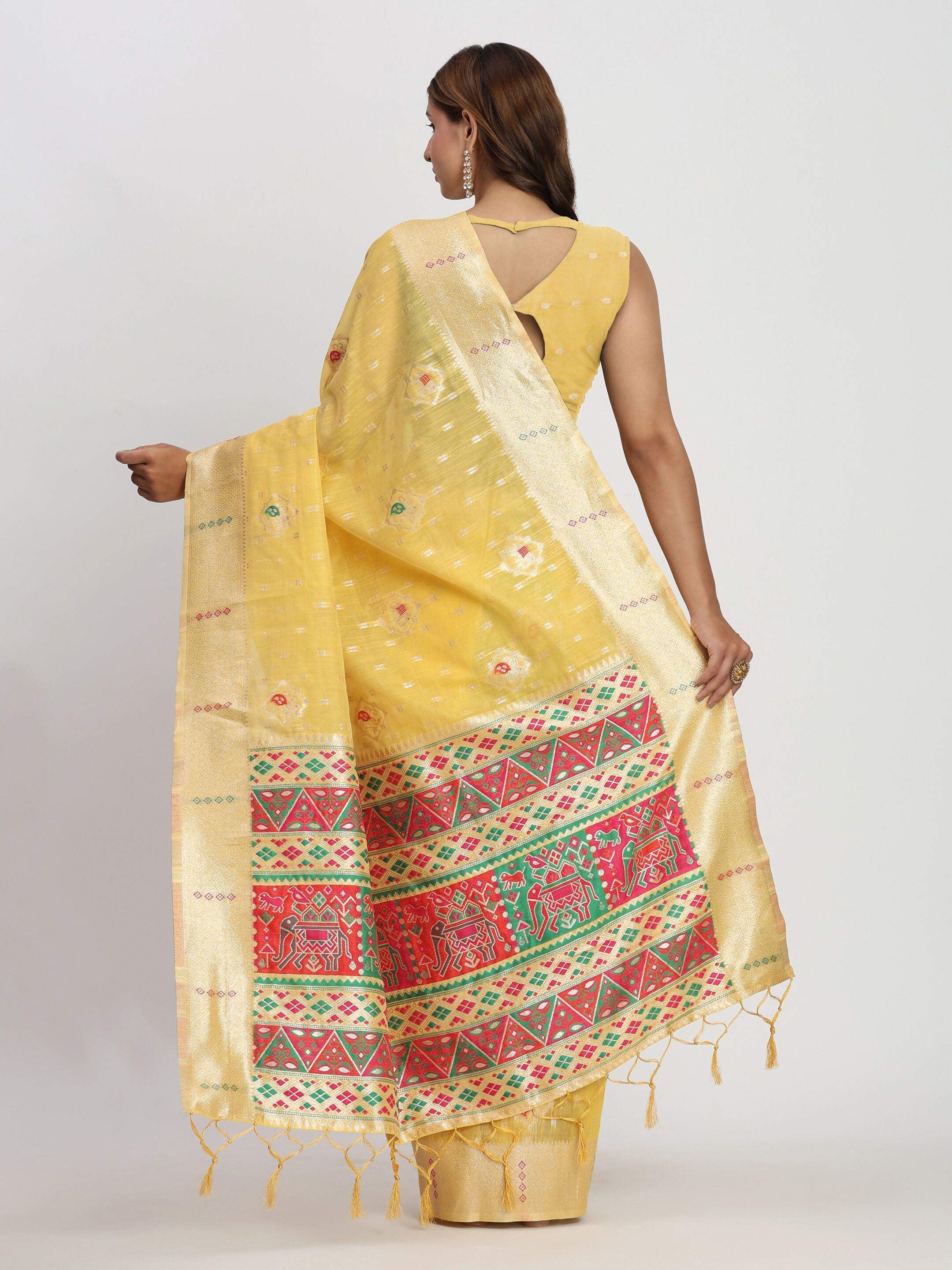 Shree Shyam Fashion Linen Cotton Yellow Saree - Distacart