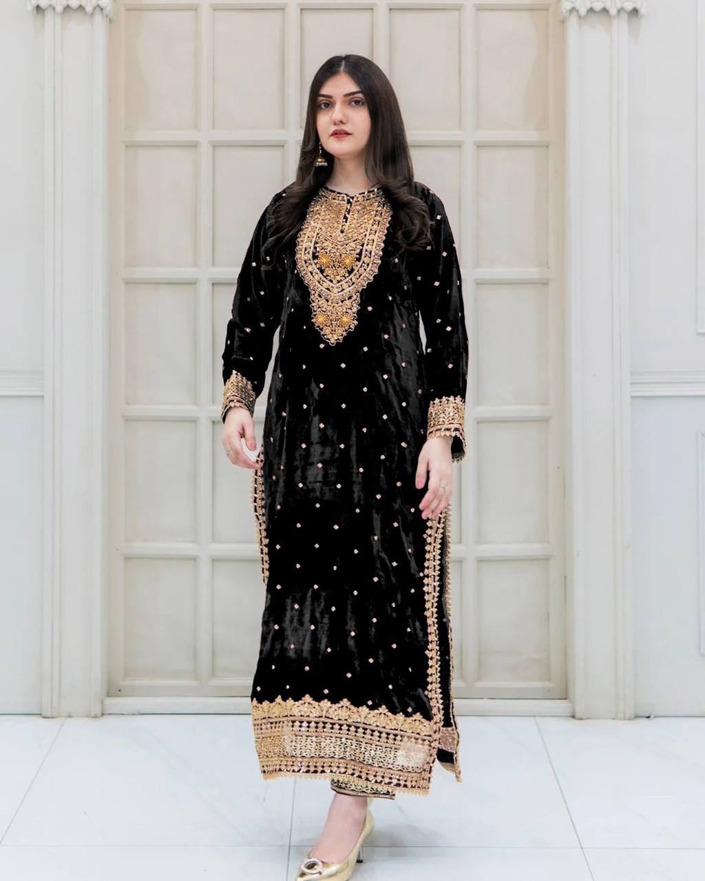 Prazu Fashion Black Viscose Velvet Embroidered Sequins Salwar Suit - Distacart