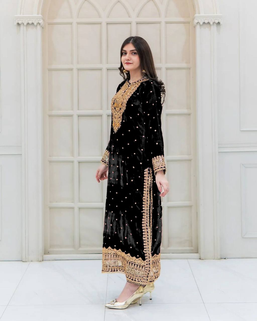 Prazu Fashion Black Viscose Velvet Embroidered Sequins Salwar Suit - Distacart