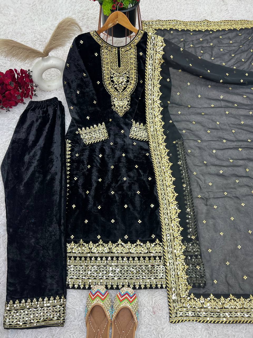 Prazu Fashion Black Viscose Velvet Embroidered Sequins Salwar Suit - Distacart