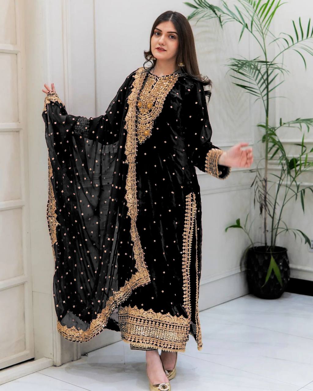 Prazu Fashion Black Viscose Velvet Embroidered Sequins Salwar Suit - Distacart