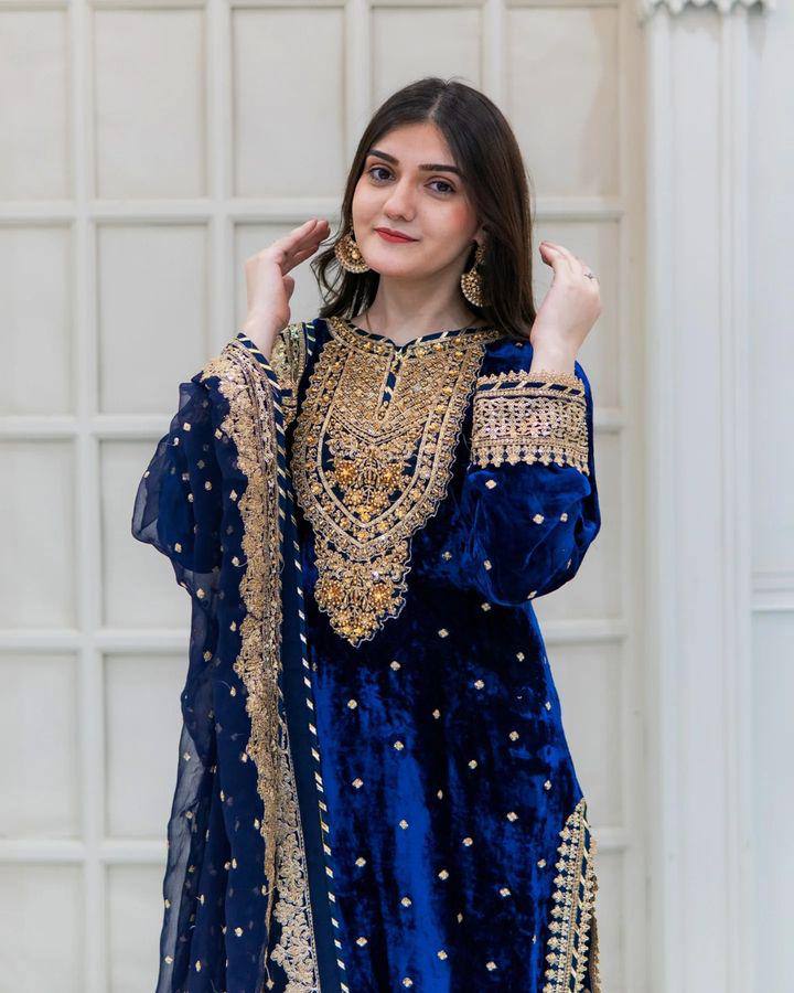 Prazu Fashion Blue Viscose Velvet Embroidered Sequins Salwar Suit - Distacart