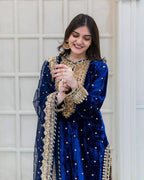 Prazu Fashion Blue Viscose Velvet Embroidered Sequins Salwar Suit - Distacart