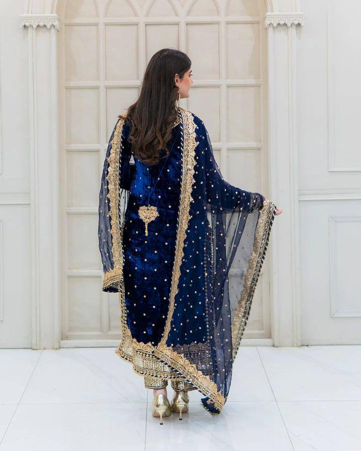 Prazu Fashion Blue Viscose Velvet Embroidered Sequins Salwar Suit - Distacart