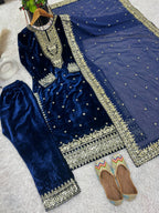 Prazu Fashion Blue Viscose Velvet Embroidered Sequins Salwar Suit - Distacart