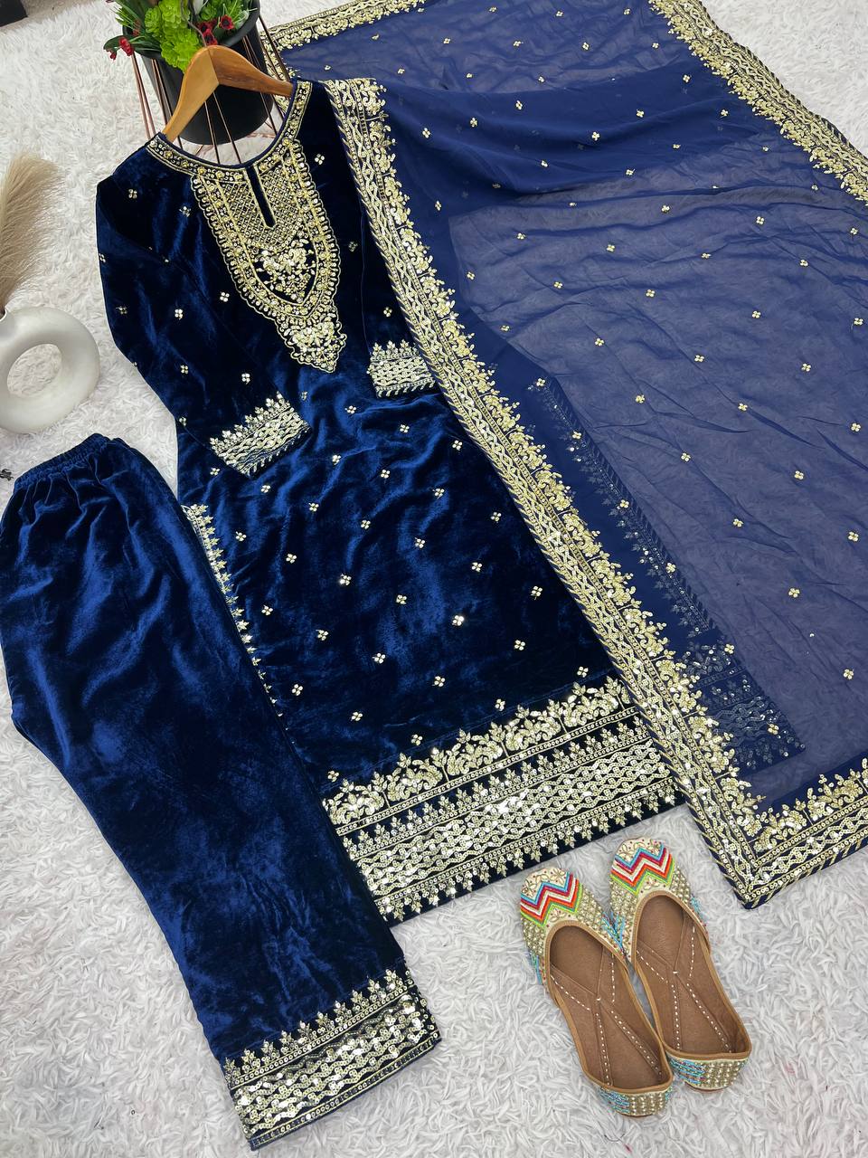 Prazu Fashion Blue Viscose Velvet Embroidered Sequins Salwar Suit - Distacart