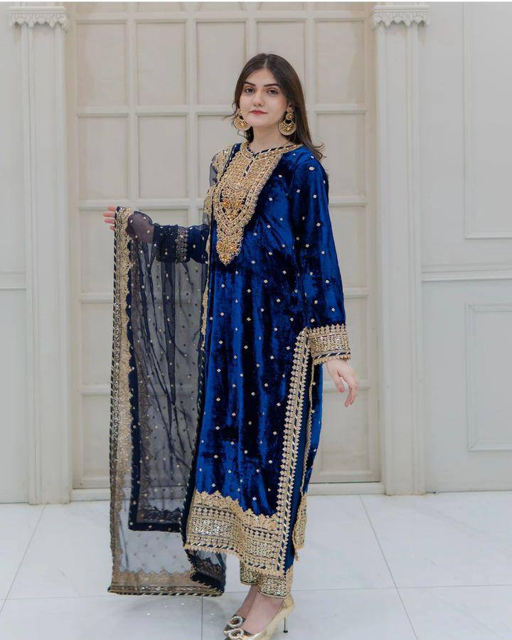 Prazu Fashion Blue Viscose Velvet Embroidered Sequins Salwar Suit - Distacart