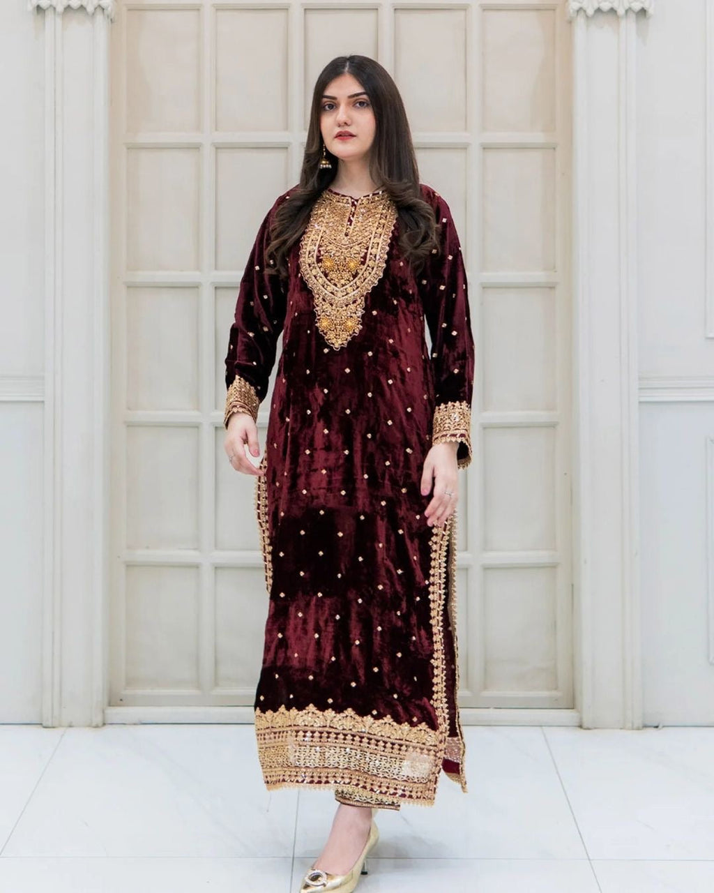 Prazu Fashion Maroon Viscose Velvet Embroidered Sequins Salwar Suit - Distacart