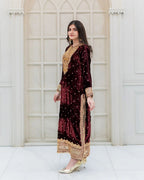 Prazu Fashion Maroon Viscose Velvet Embroidered Sequins Salwar Suit - Distacart