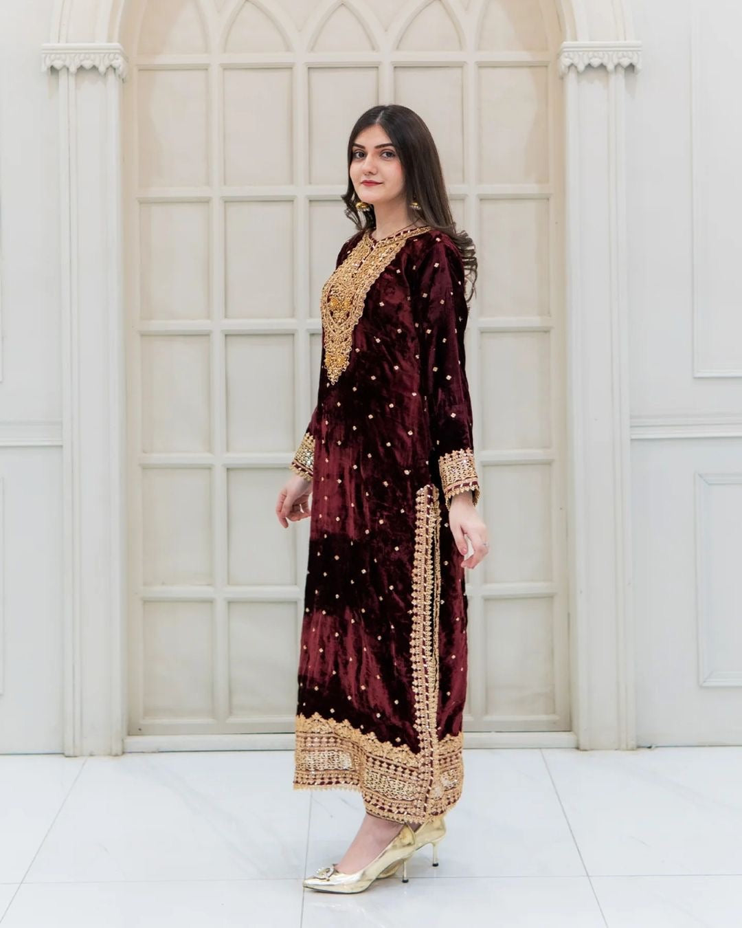 Prazu Fashion Maroon Viscose Velvet Embroidered Sequins Salwar Suit - Distacart