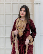 Prazu Fashion Maroon Viscose Velvet Embroidered Sequins Salwar Suit - Distacart