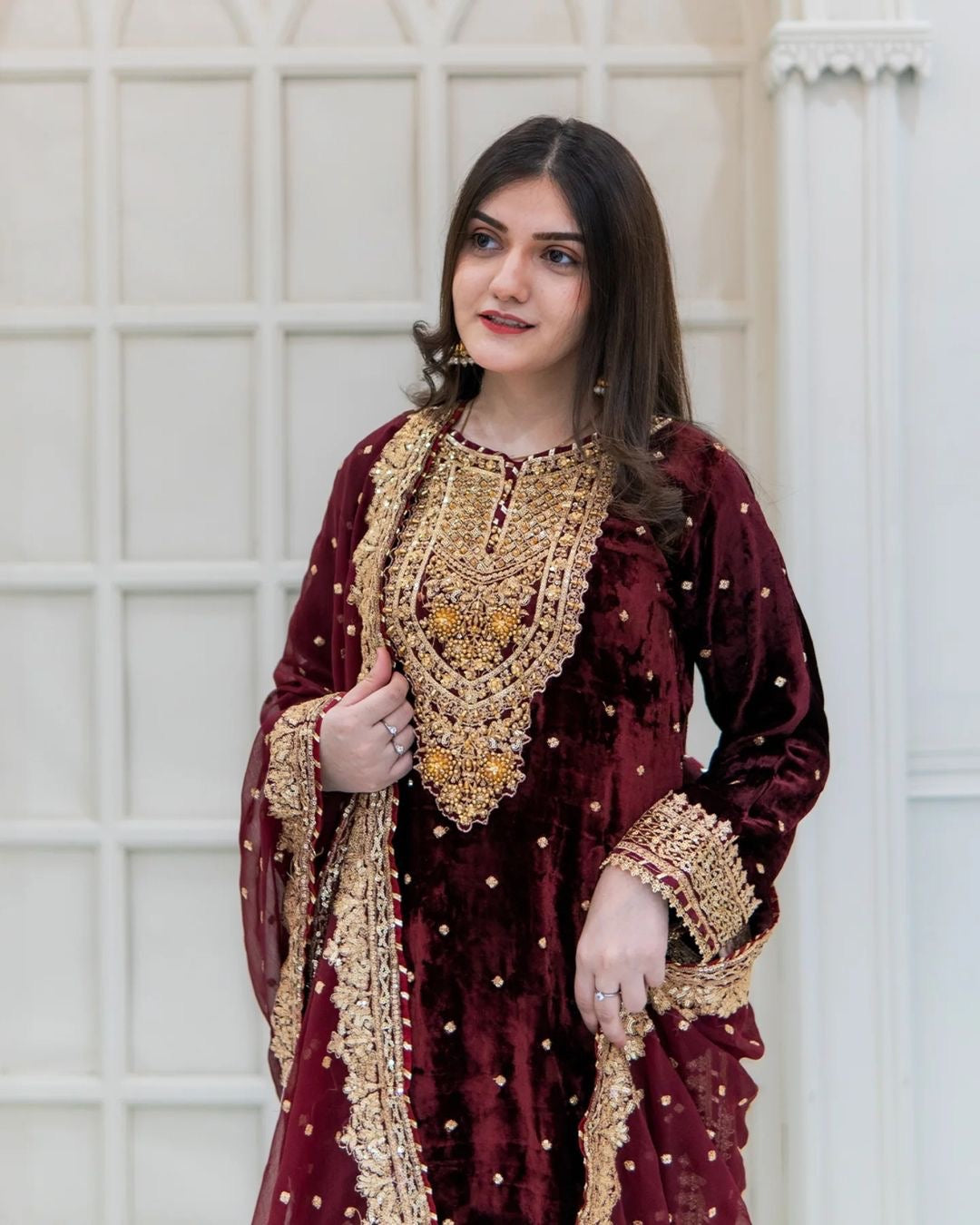 Prazu Fashion Maroon Viscose Velvet Embroidered Sequins Salwar Suit - Distacart