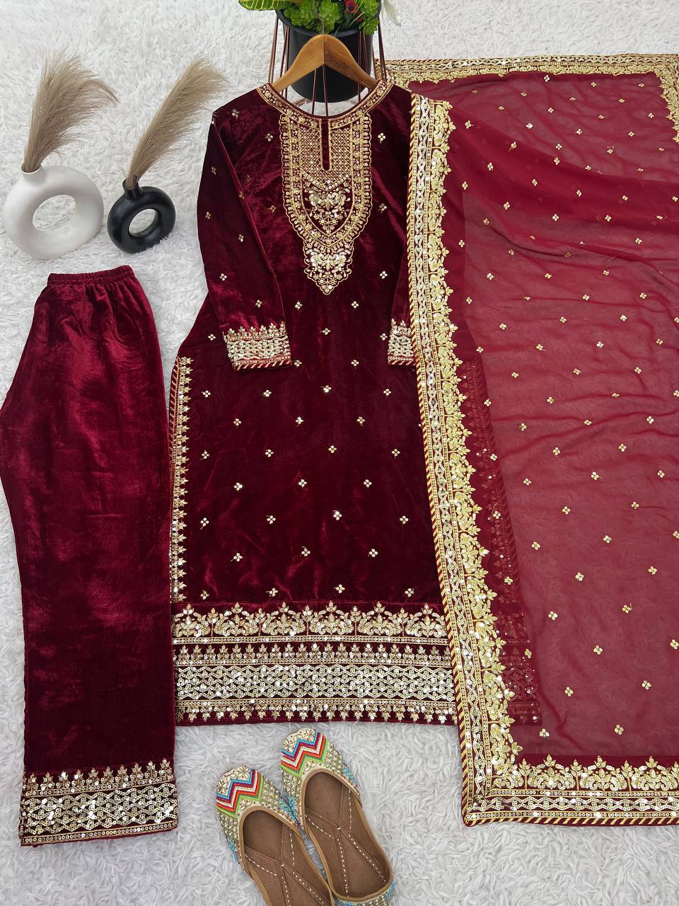 Prazu Fashion Maroon Viscose Velvet Embroidered Sequins Salwar Suit - Distacart