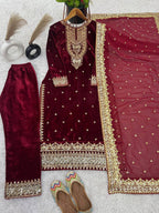 Prazu Fashion Maroon Viscose Velvet Embroidered Sequins Salwar Suit - Distacart