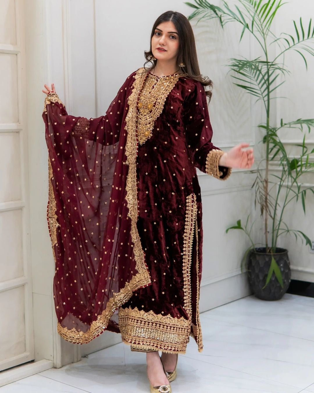 Prazu Fashion Maroon Viscose Velvet Embroidered Sequins Salwar Suit - Distacart